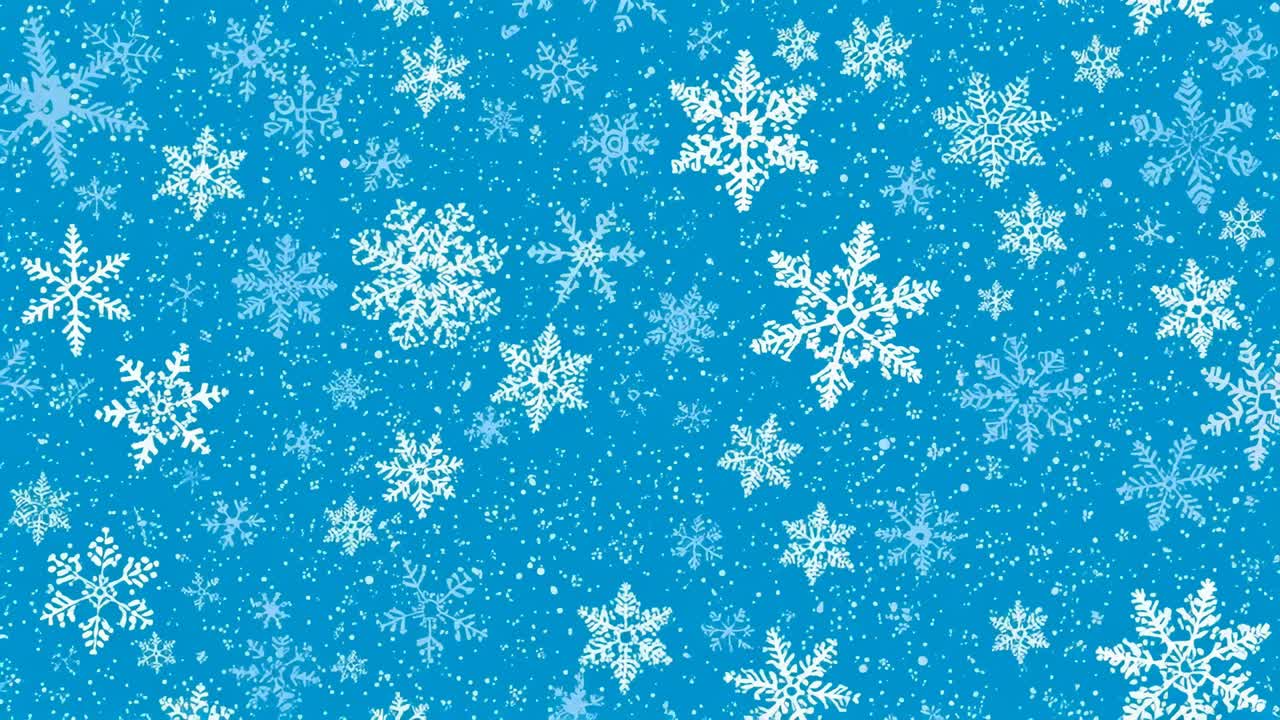 Shifting white snowflakes and speckles drifting on frame shift across blue backdrop, creating loop