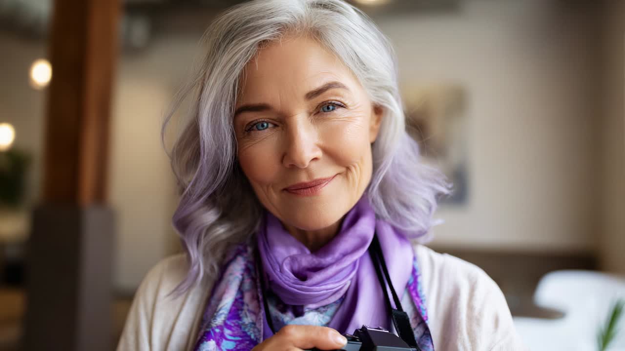 Un momento caloroso e invitante catturato in due immagini che mostrano un'elegante signora anziana con capelli color lavanda e un sorriso dolce, che esprime la sua sicurezza con una fotocamera in mano in un ambiente accogliente e luminoso