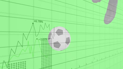 animation of soccer ball moving over green graph, showing upward financial trend
