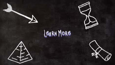 Animation-Von-„Mehr-Erfahren“-Textbannern-Und-Schulkonzeptsymbolen-Vor-Blauem-Tafelhintergrund