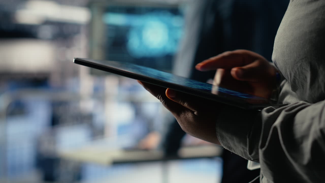 Data Center Programmers Check Ai Dashboard Using Tablet, Doing Systems Review