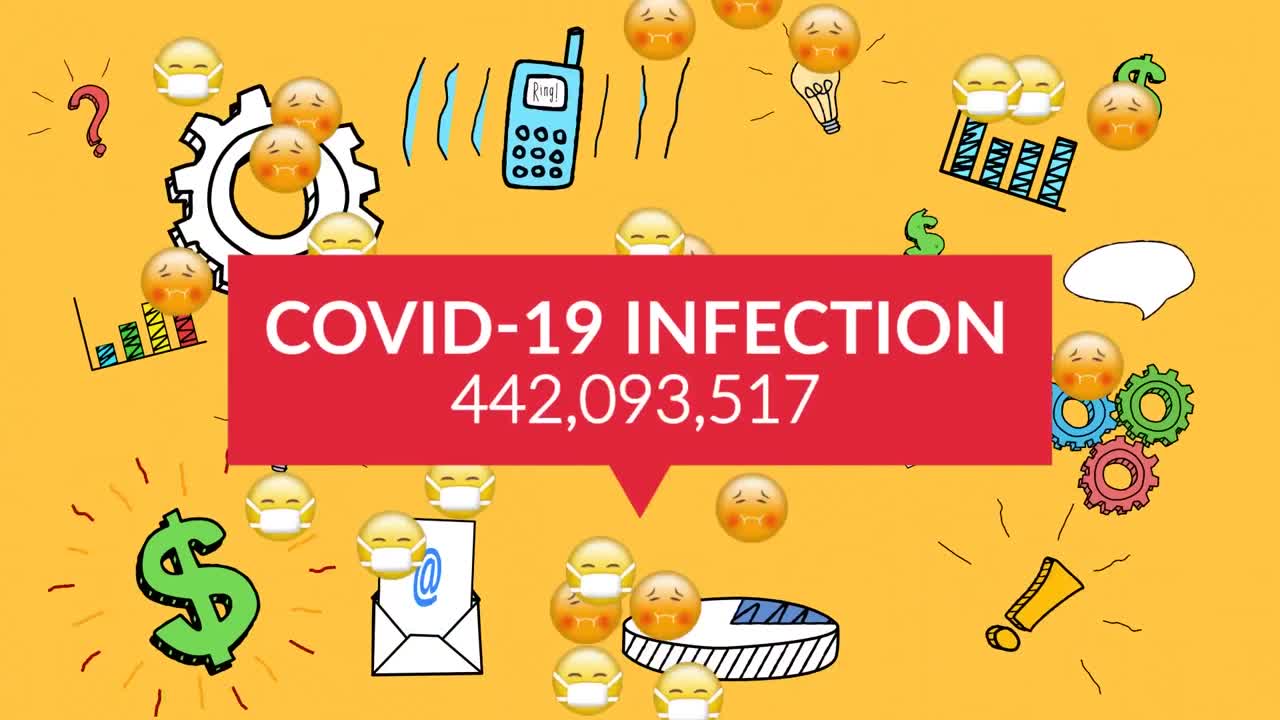 노란색 배경의 비즈니스 개념 아이콘보다 사례가 증가하는 코로나19 감염 텍스트