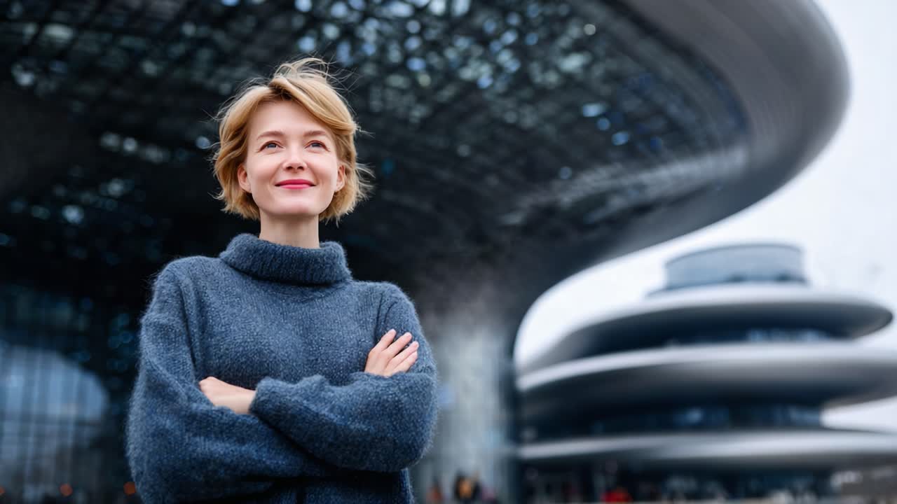 A Confident Young Woman Smiles Proudly in Front of a Modern Architectural Marvel, Radiating Positivity and Self-Assurance in an Urban Setting