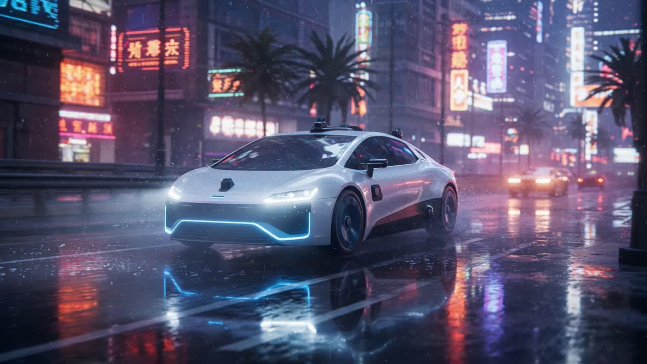 Futuristic Autonomous Vehicle Navigating Through a Neon-Lit Urban Environment on a Rainy Night with Glowing Lights Reflecting on the Wet Surface
