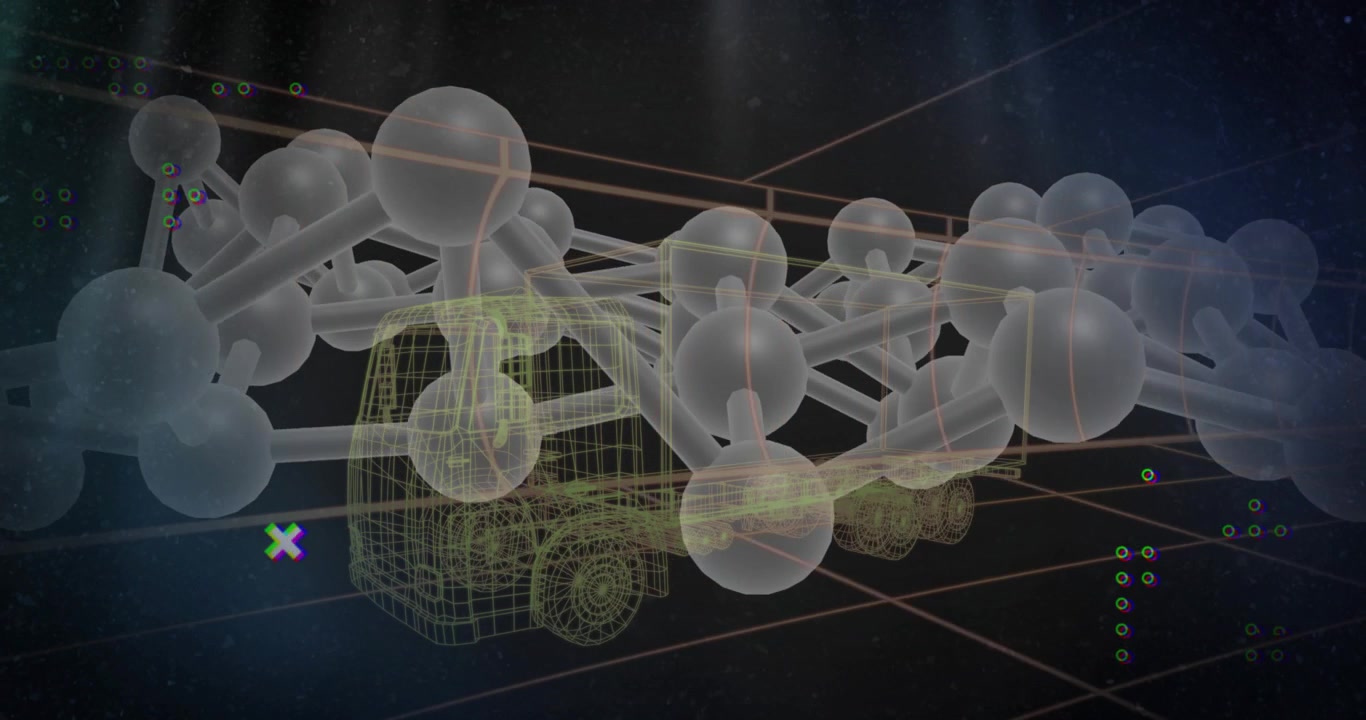 Faint glow initiating network around wireframe truck while nodes pulsing and icons activating data
