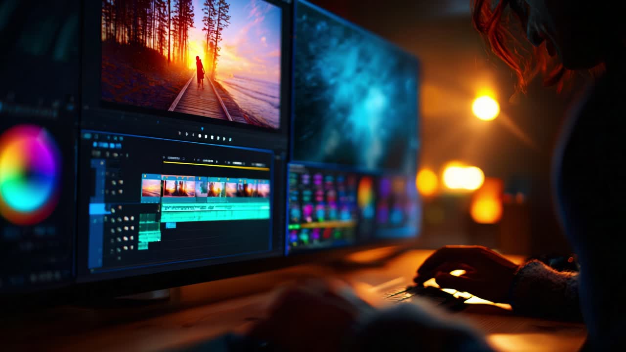 Creative Video Editing Process at Dusk: A Professional Editor Enhances Visual Footage Utilizing Advanced Software and Color Grading Techniques in a Dimly Lit Room