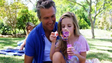 father and daughter blowing bubble with bubble wand at picnic in park 4k