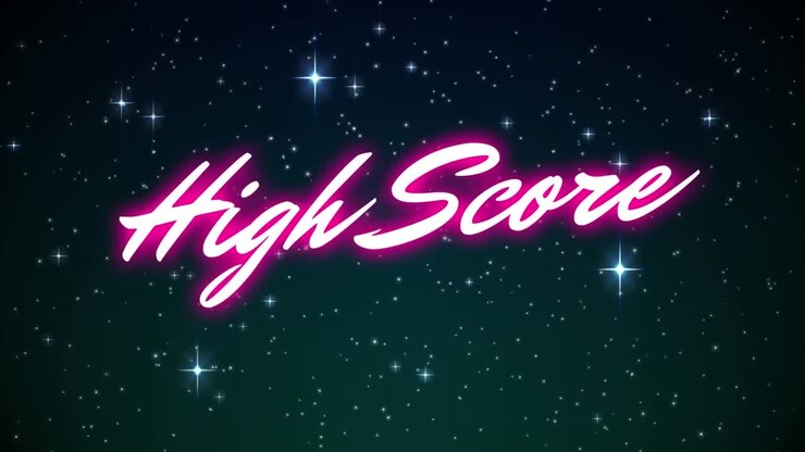 Animation of neon purple high score text banner over shining stars against green background