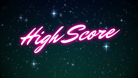 animación de banner de texto de puntaje alto de color púrpura neón sobre estrellas brillantes contra un fondo verde.