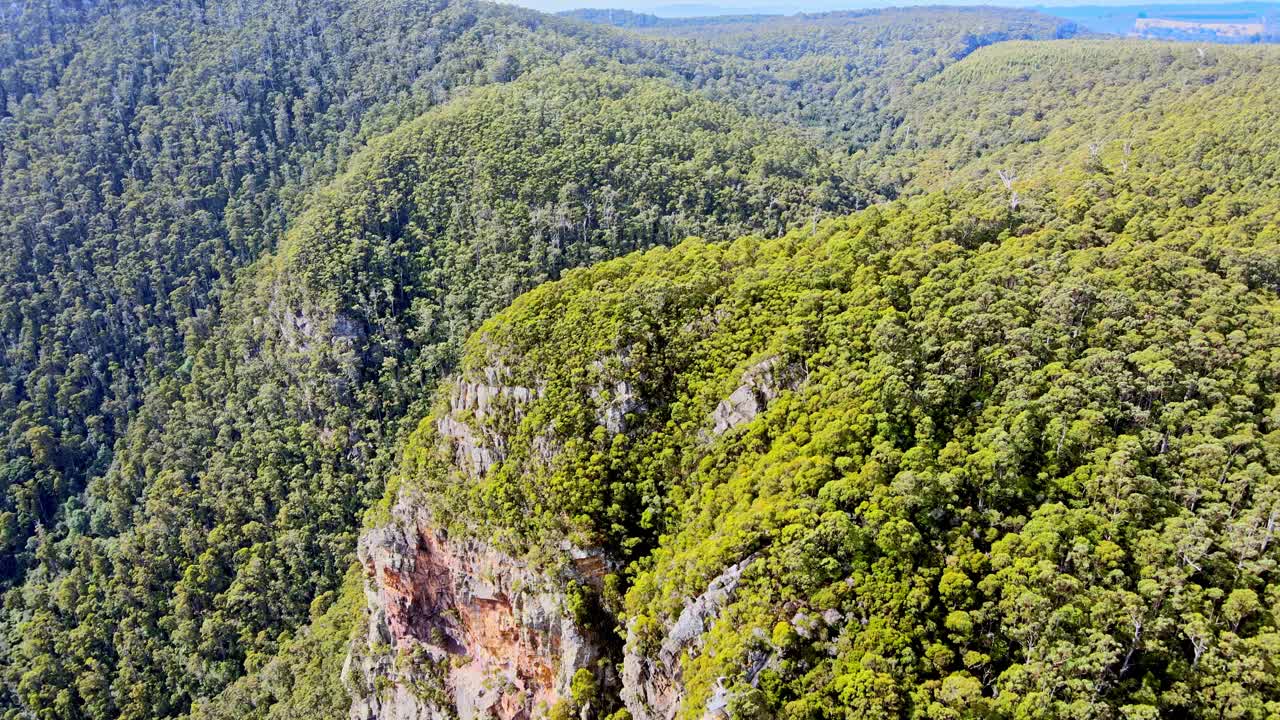 drone aéreo disparado sobre un acantilado de montaña empinado cubierto de vegetación verde en el cañón de lava, tasmania, australia en un día soleado