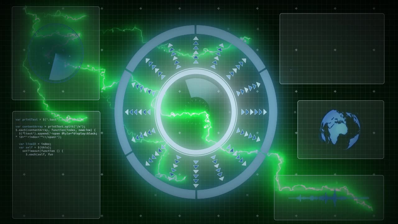 Green arcs forming at edges sparking center HUD pulsing, crescent rotating, chevrons showing status
