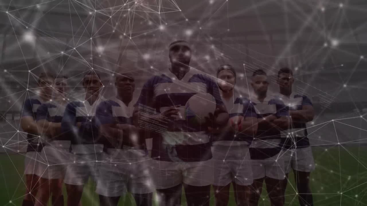 animación de la red de conexiones con procesamiento de datos sobre diversos jugadores de rugby en el estadio