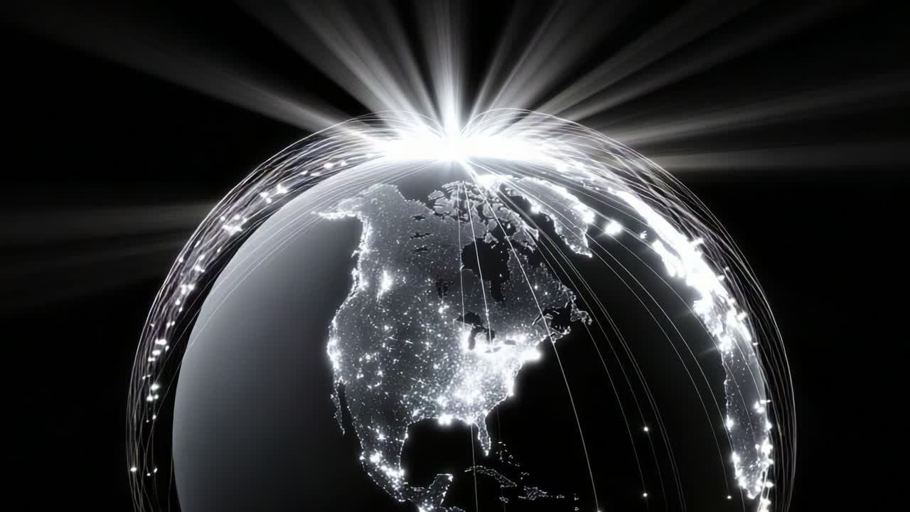 A Stunning Visualization of Earth from Space: An Illuminated Globe with Bright Connections Representing Global Communication and Technology, Showcasing the Interconnectedness of Continents and Networks