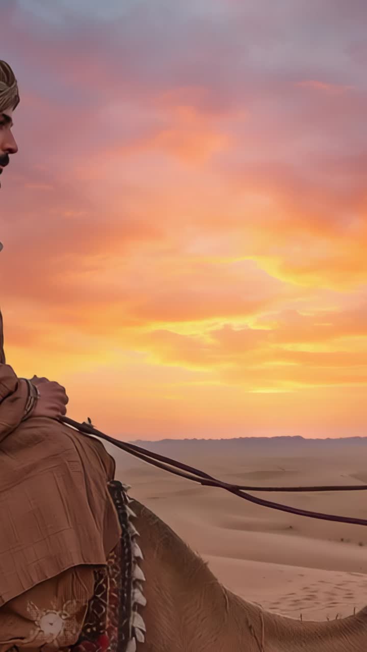 Vertical video: Turbaned rider tightening reins guiding camel across dunes under sunset, copy space