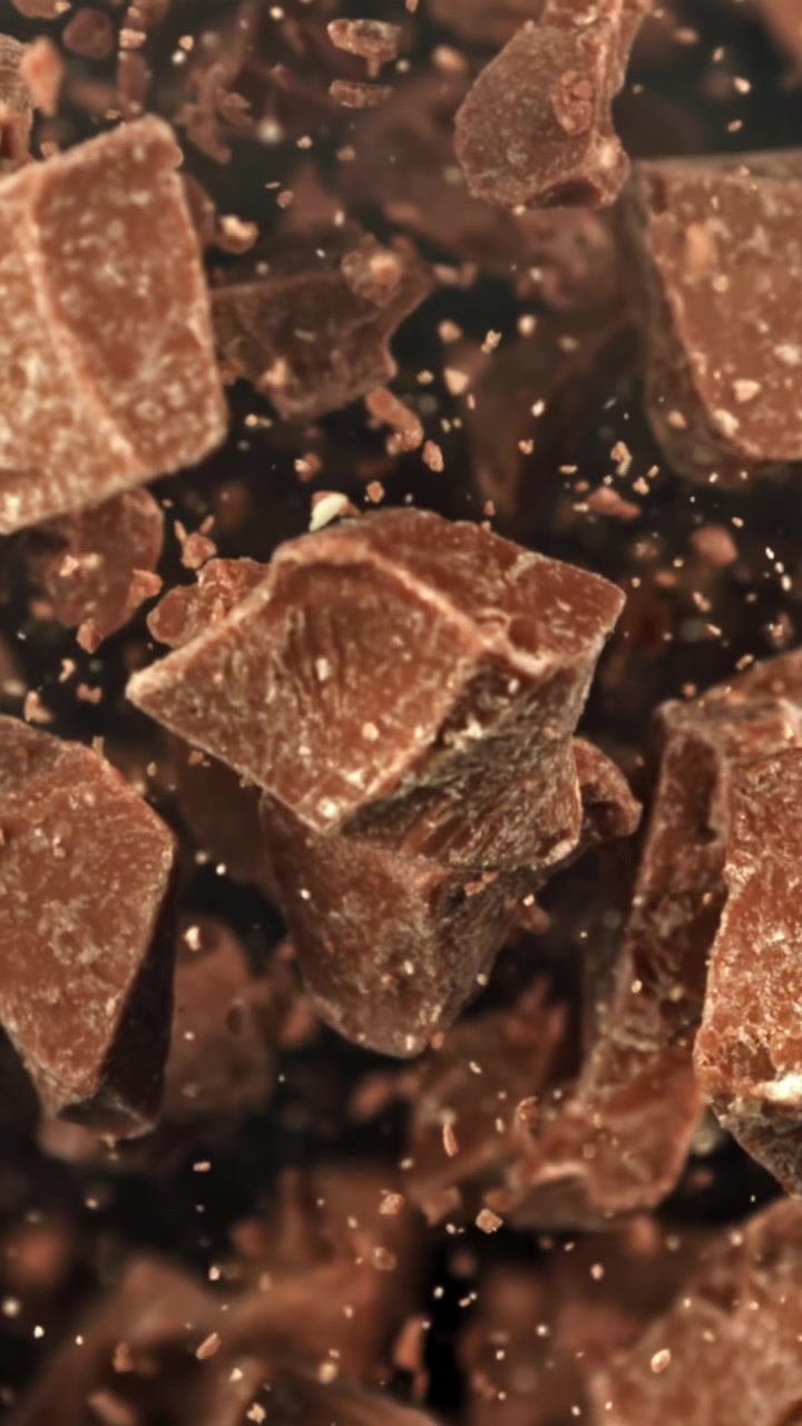 Slow Motion Chocolate Pieces Falling and Scattering on Dark Background