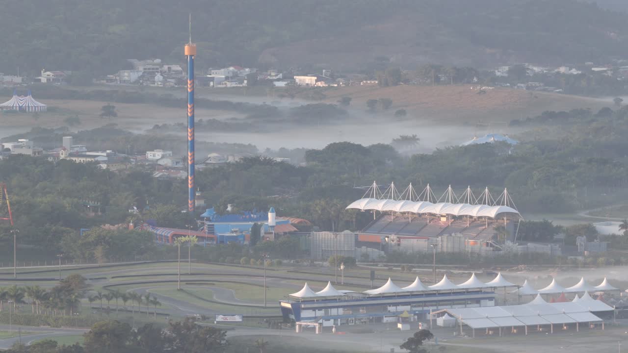 Aerial close-up view of Beto Carrero World theme park in Penha, Santa Catarina, Brazil, with rides and stadium