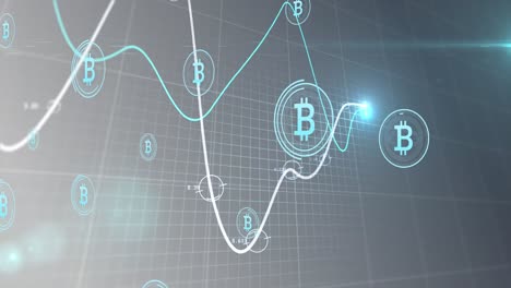 Animation-Von-Bitcoin-Symbolen-über-Beleuchteten-Diagrammen-Vor-Grauem-Hintergrund