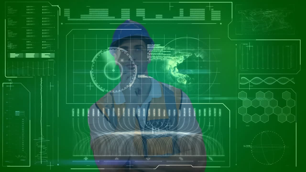 Construction engineer wearing hard hat holding microphone in control hub, interacting with HUD