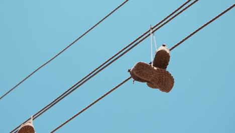 old sports shoes dangle by their laces over a high electricity line