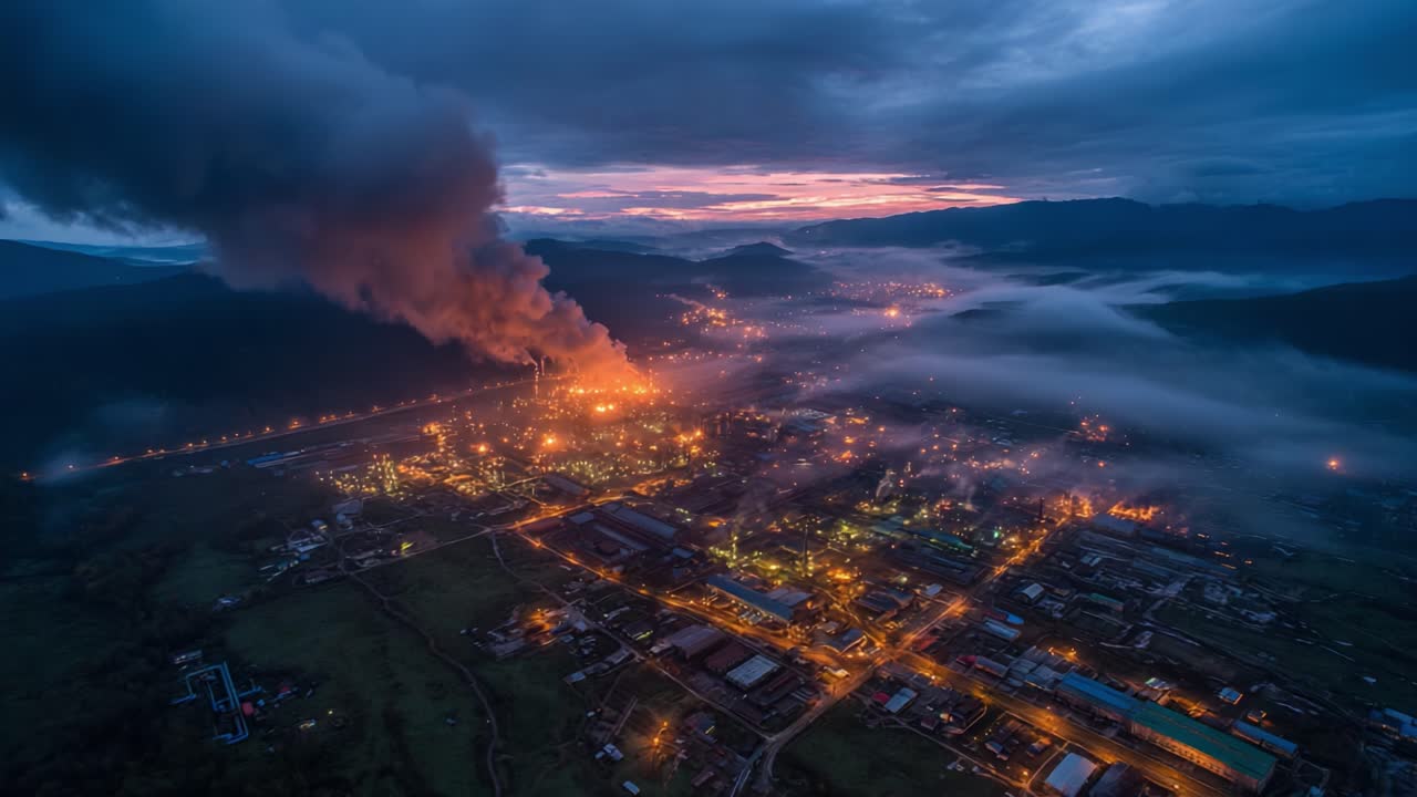 Vista aerea di zona industriale al crepuscolo con fumo che si alza, illuminata dalle luci della città e avvolta in un'atmosfera nebbiosa