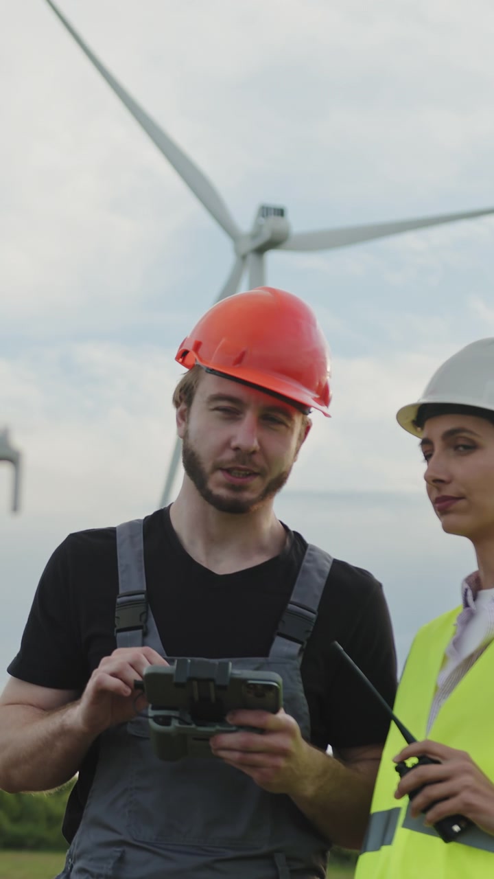 Engineers in hard hats and safety vests inspect wind turbines using tablets and radios in a