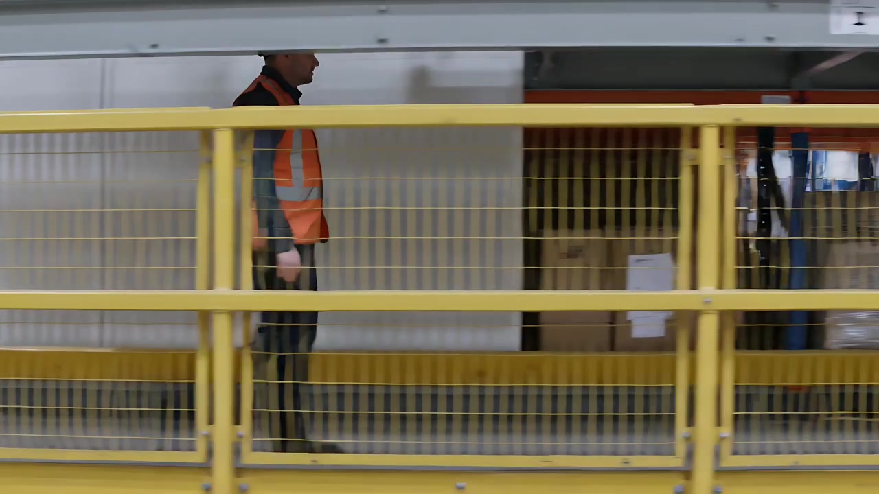 Træder ind fra venstre i billedet, arbejder med gul hjelm og orange vest går forbi reoler, bærer en hvid taske.