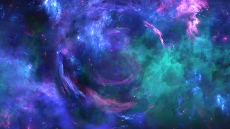 rotating space time dream vortex in purple green nebula clouds