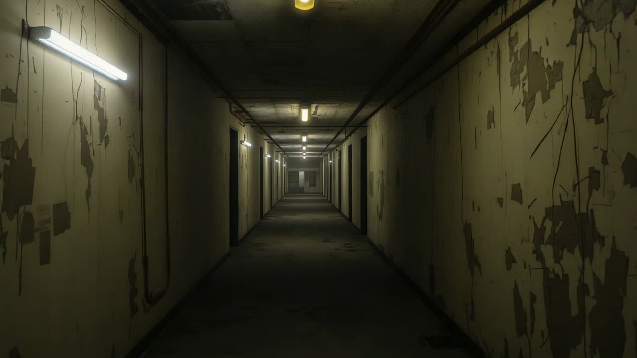 Starting camera moving through narrow corridor with flickering lights, closed doors, peeling walls