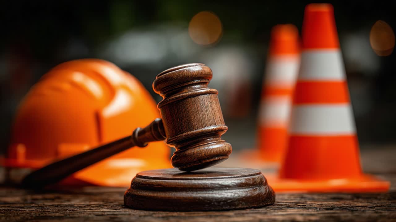 L'incrocio tra legge e sicurezza: un martelletto da giudice, un elmetto da cantiere e dei coni simboleggiano la giustizia e le normative sul luogo di lavoro.
