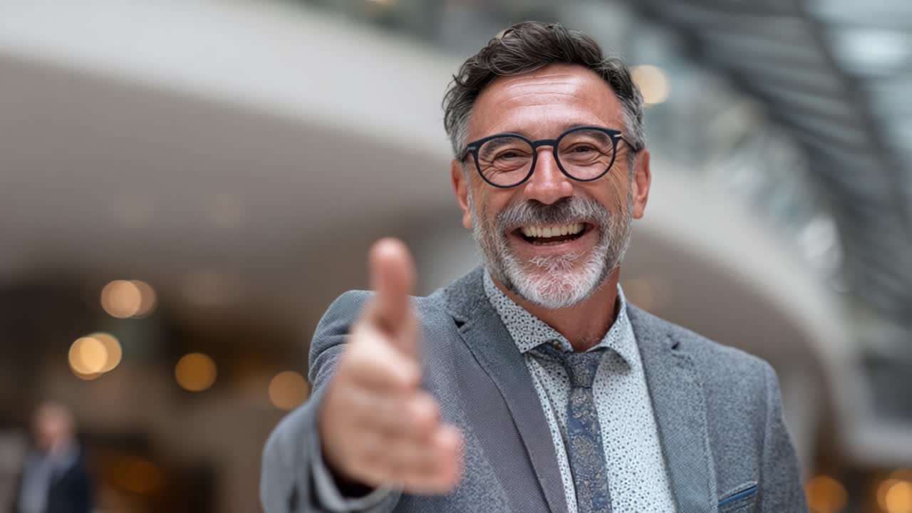 Un gesto amichevole: un uomo sorridente e ben vestito tende la mano per una stretta, accogliendoti con calore e allegria in un ambiente luminoso e moderno.