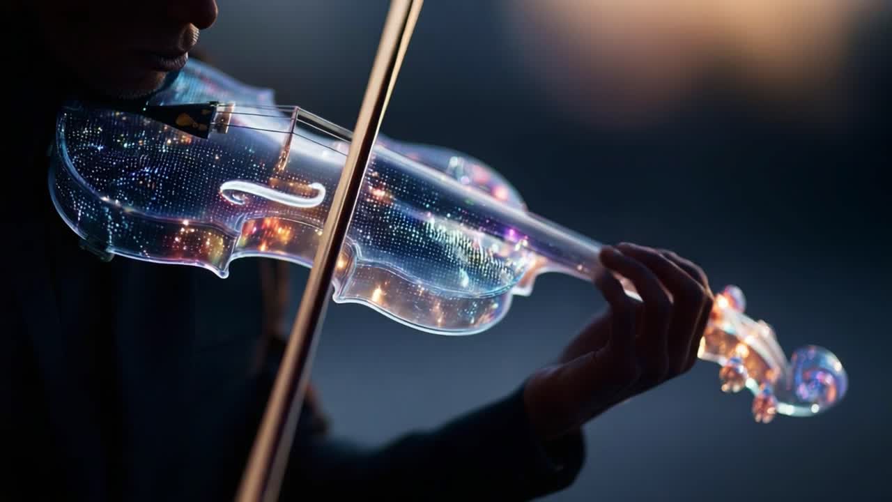 A captivating performance featuring a stunning transparent violin, illuminating the essence of music with enchanting light patterns during a magical evening event