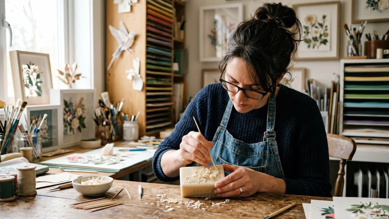 Woman Carving Intricate Floral Design into Soap in Her Art Studio