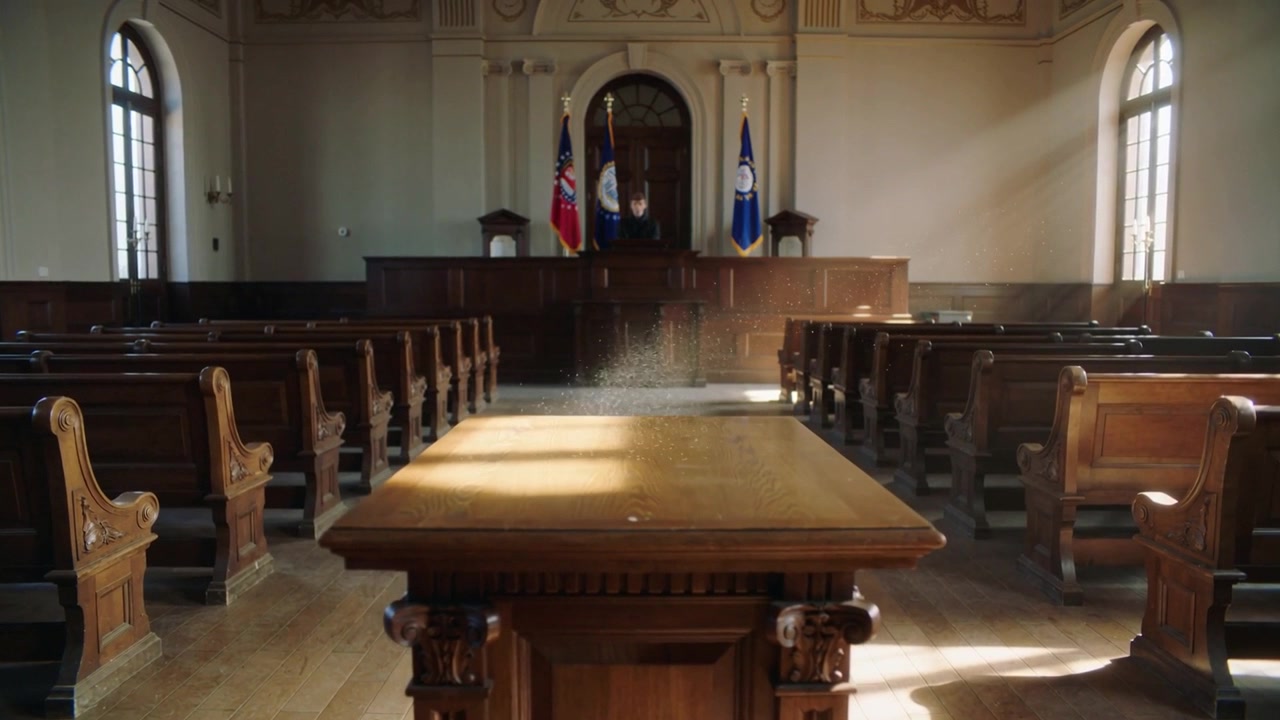Streaming sunlight revealing drifting dust cloud over wooden table in courtroom, settling on pews