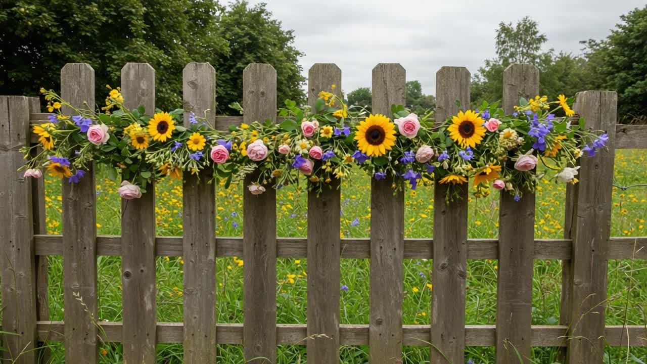 A Vibrant Floral Arrangement on a Wooden Fence Overlooking a Colorful Meadow Filled with Natural Beauty and Blooms Under a Soft Gray Sky