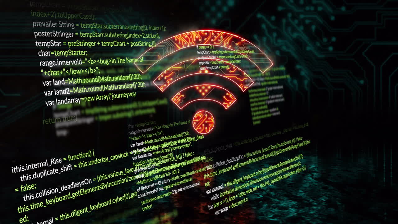 Wi-Fi symbol glowing with animation over digital code and data processing background