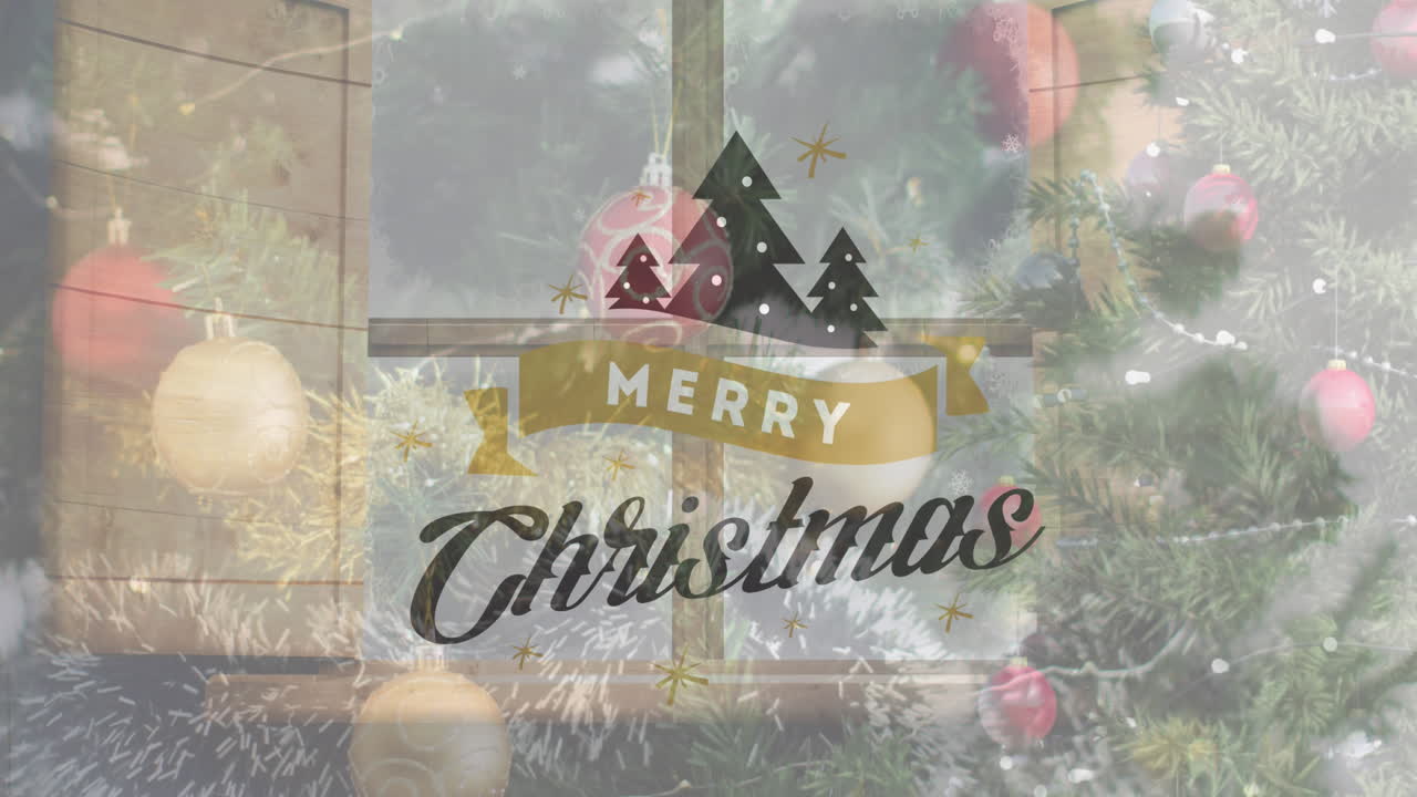 크리스마스 나무 와 장식물 위 에 있는 크리스마스 축하 문자 의 애니메이션