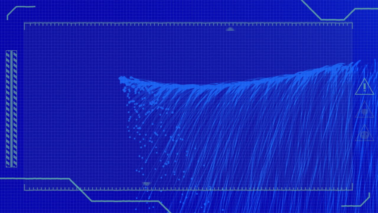 파란색 배경에 있는 빛 트레일 위의 디지털 인터페이스의 애니메이션
