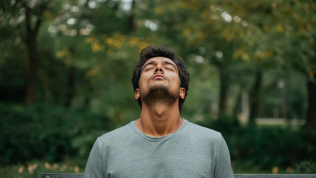 Sitting Asian male leaning and breathing deeply in park, with wooden park bench for relaxation