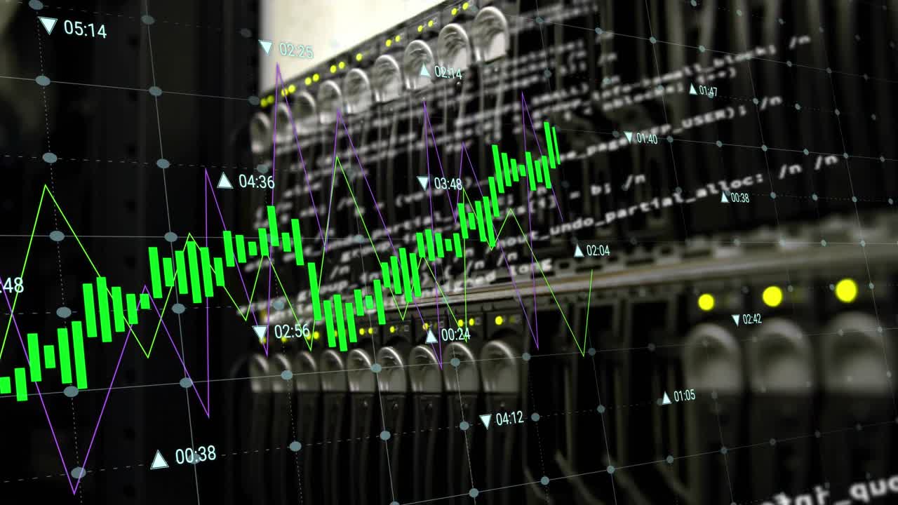 Animazione di grafici, numeri e linguaggio informatico su un sistema di server dati.