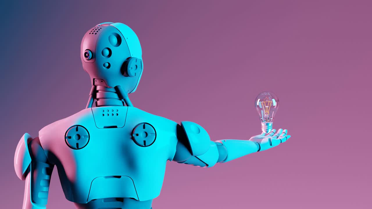 미래의 로이 보라색 배경에 전구를 들고 있다