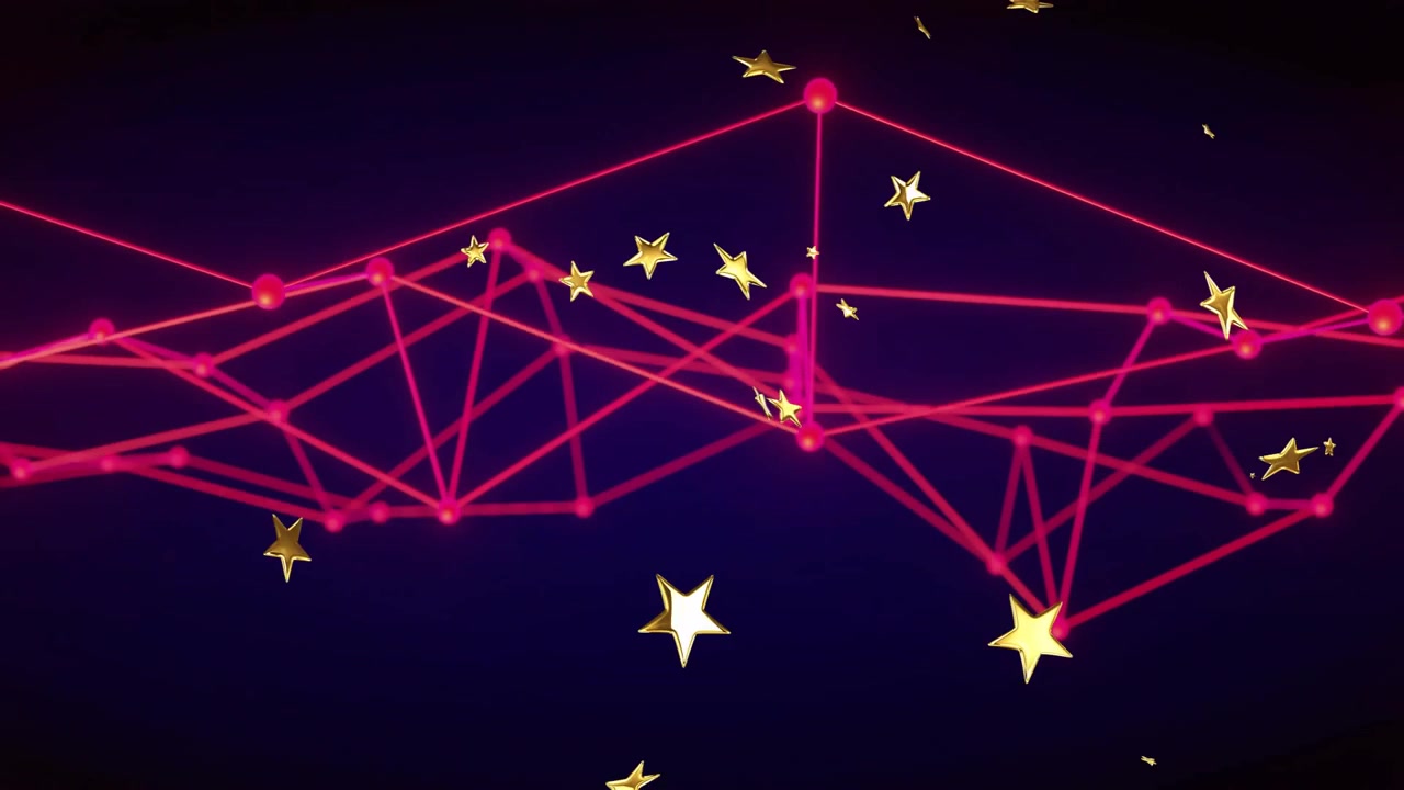 red network fading in initiating pulsing peaks and drifting golden stars showing flow in dark void