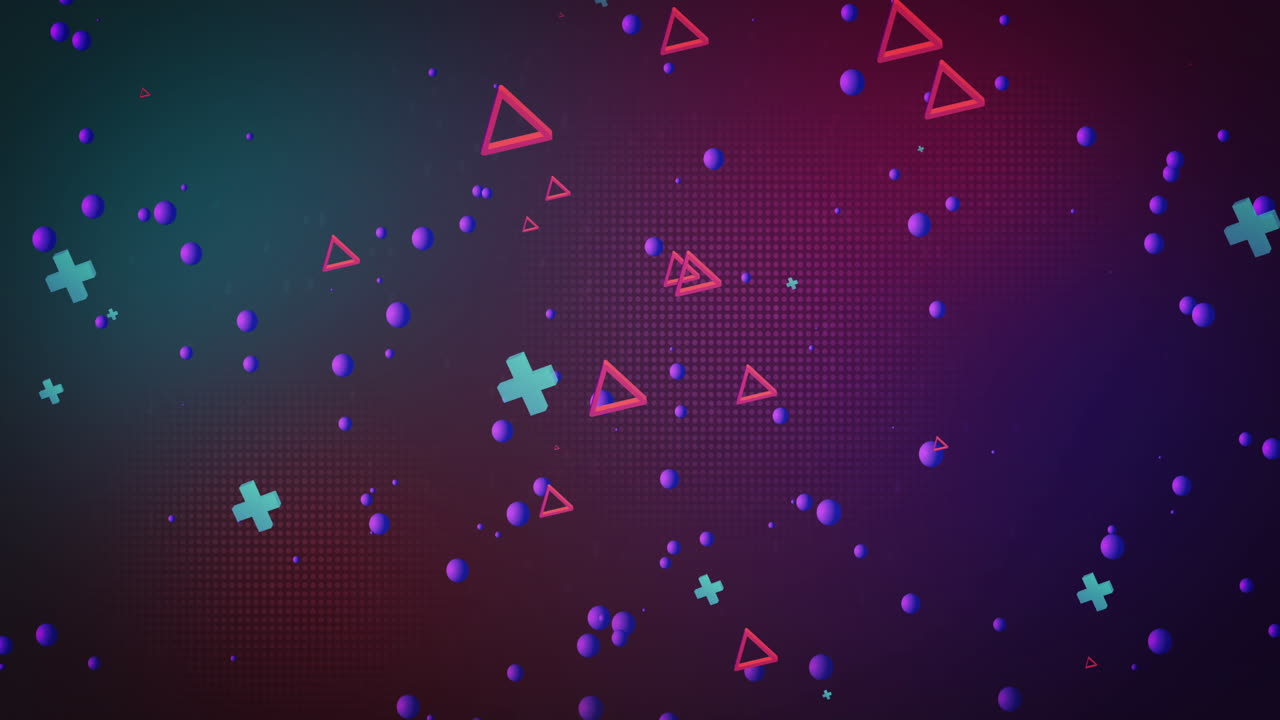 Animation of colourful shapes floating on dark background