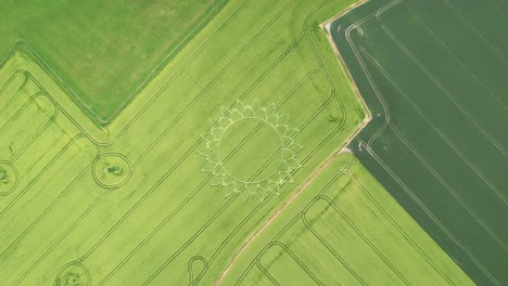 mysterious paranormal ufo crop circle pattern on farmland, aerial drone top down view