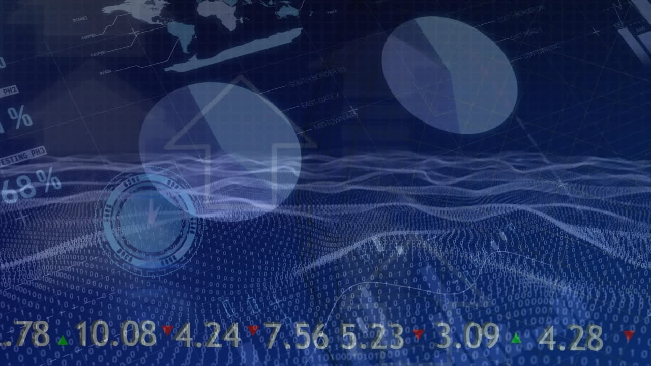 анимация финансовых данных с графиками, диаграммами, картой мира, ландшафтом проволочной структуры на цифровом интерфейсе