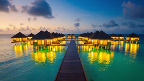 wooden pier extending toward illuminated bungalows perched on stilts above a tranquil ocean at twilight, creating a serene and picturesque tropical paradise