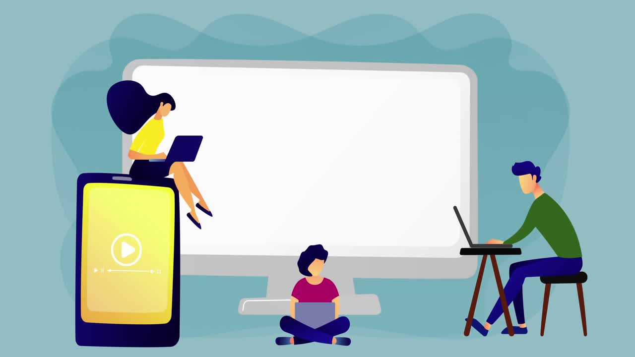 전자 장치 네트워킹을 사용하는 화면과 사람들의 애니메이션