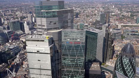 aerial close in view of the city of london towers including bishopsgate, leadenhall and the gherkin towers