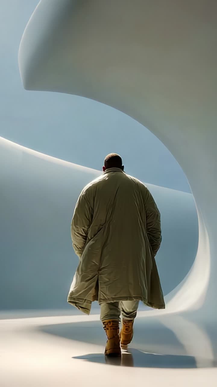 A Solemn Figure in an Abstract Space: Exploring Minimalist Design and Shadows in a Curved Environment, Reflecting Contemplation and Creativity