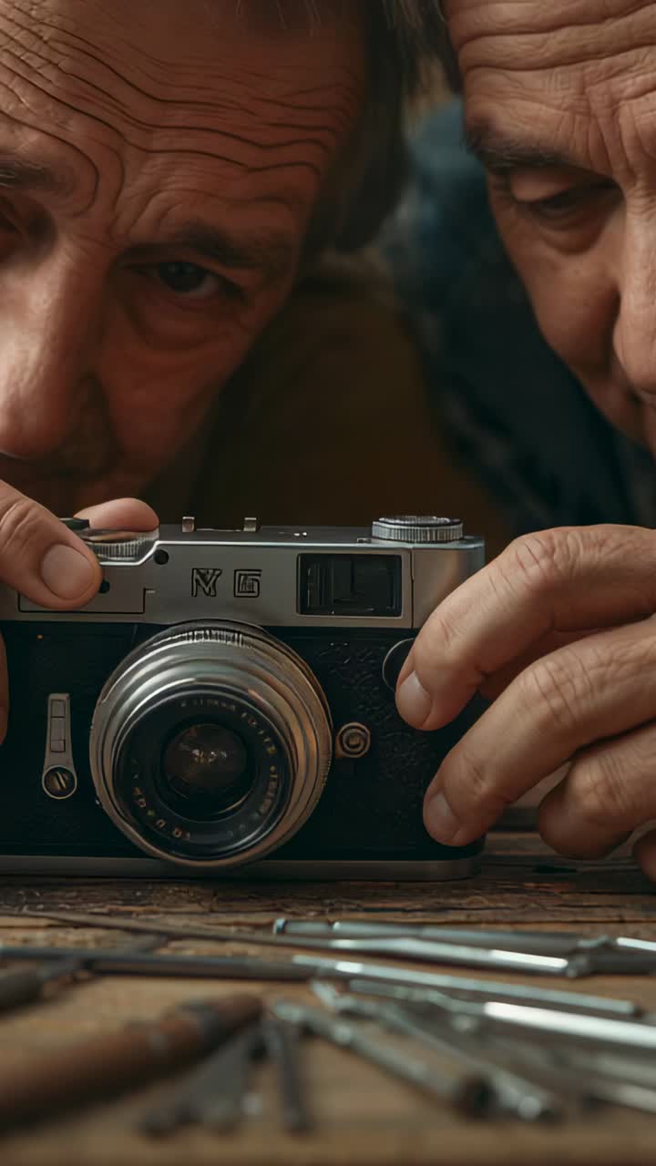 Vertical video: Leaning in, two men in flannel fixing rangefinder at workbench with tools to repair