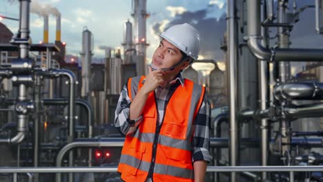 engineer at oil refinery with idea